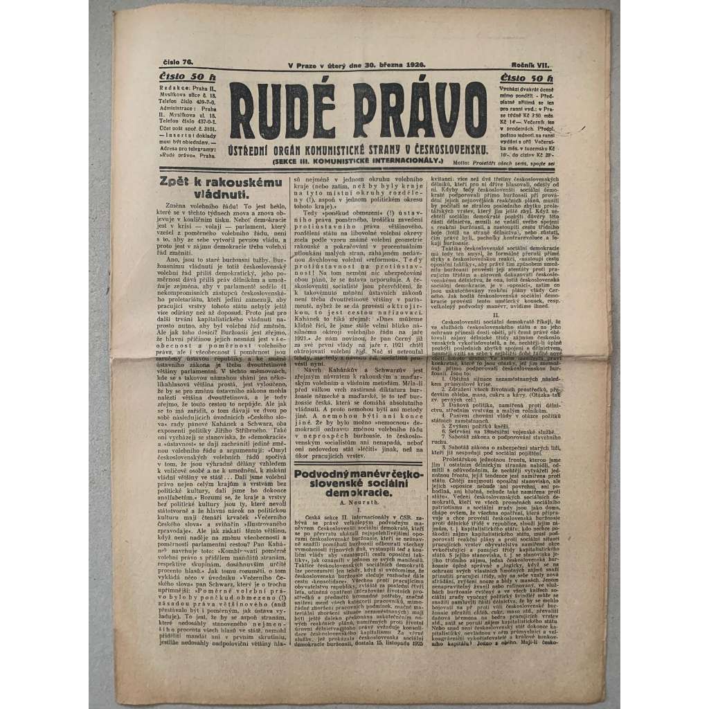 Rudé právo (30.3.1926) - 1. republika, staré noviny