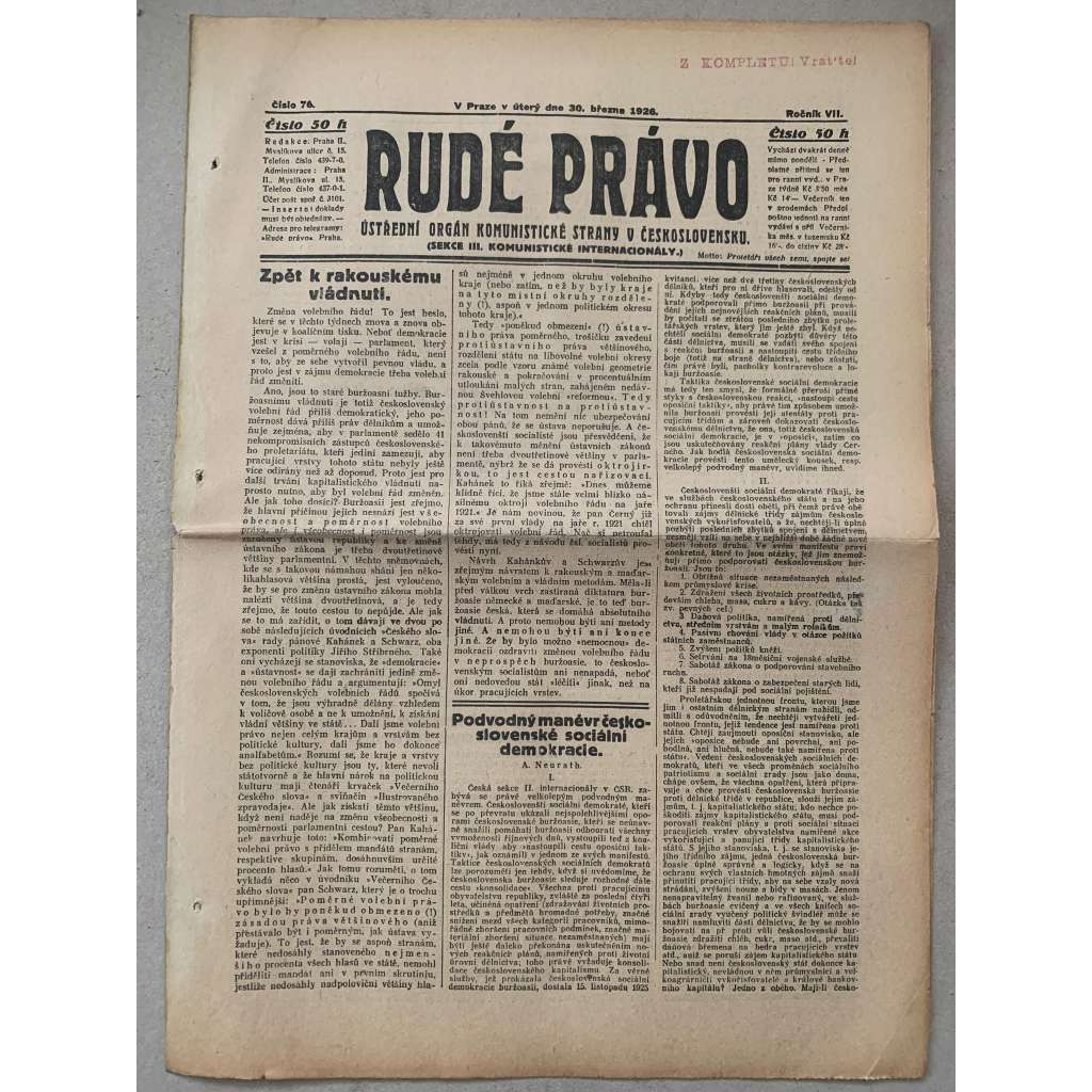 Rudé právo (30.3.1926) - 1. republika, staré noviny