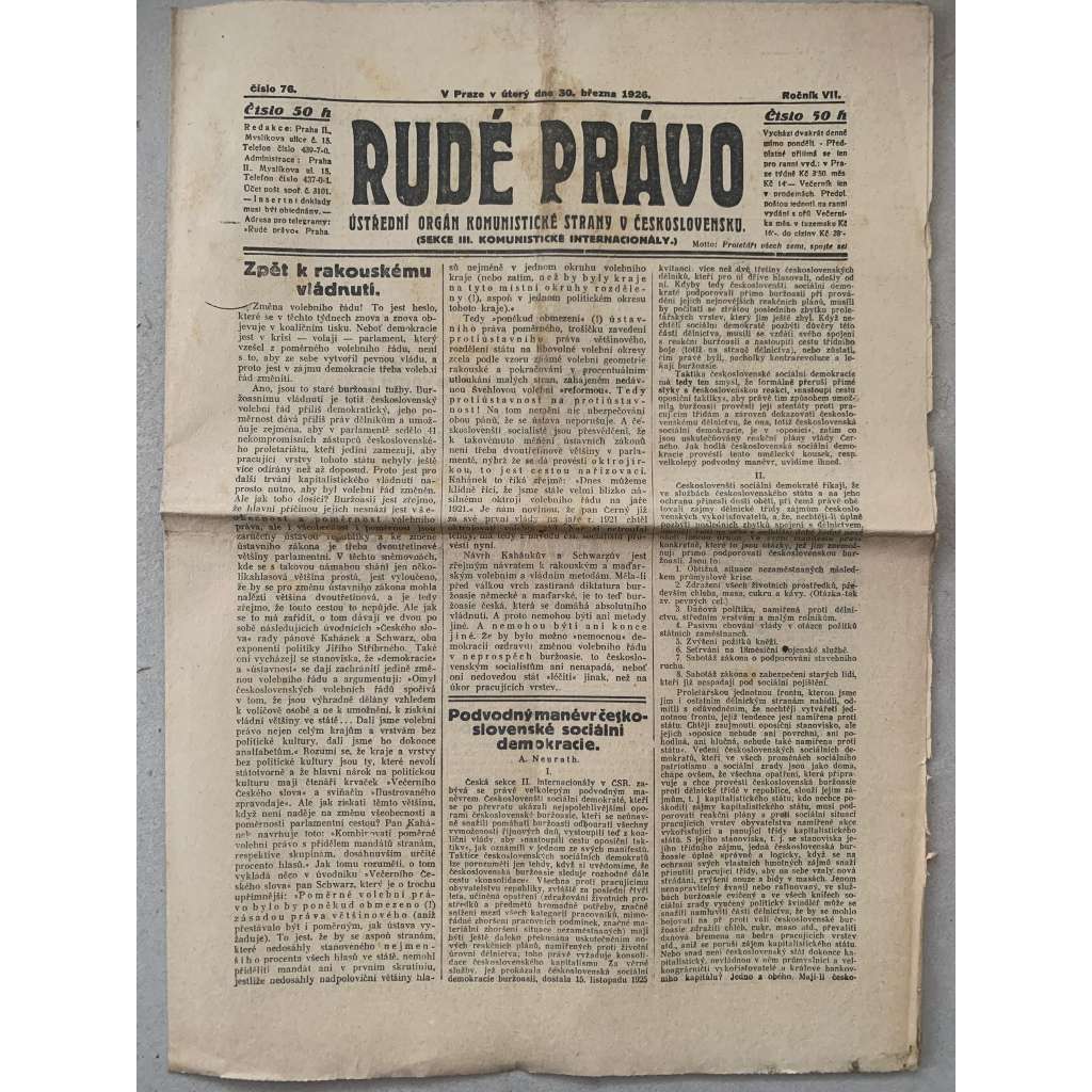 Rudé právo (30.3.1926) - 1. republika, staré noviny