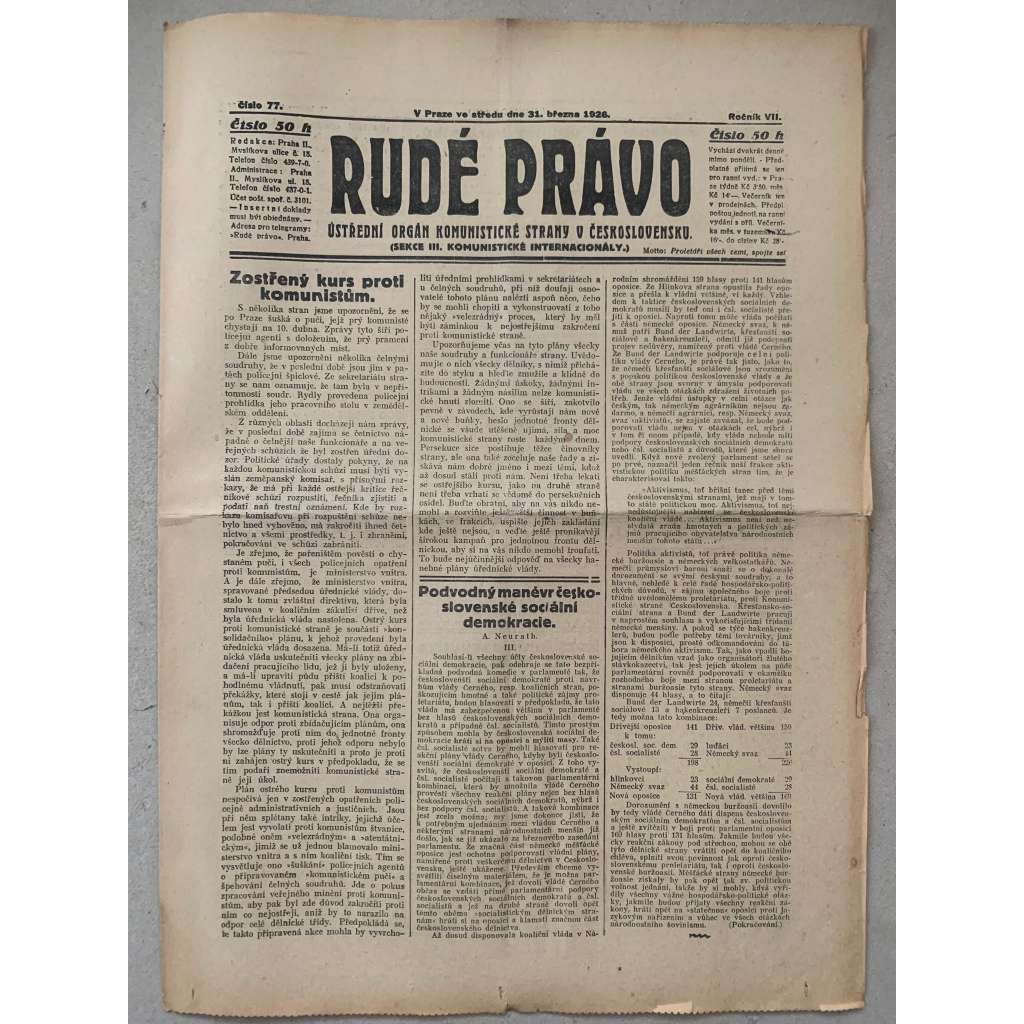Rudé právo (31.3.1926) - 1. republika, staré noviny