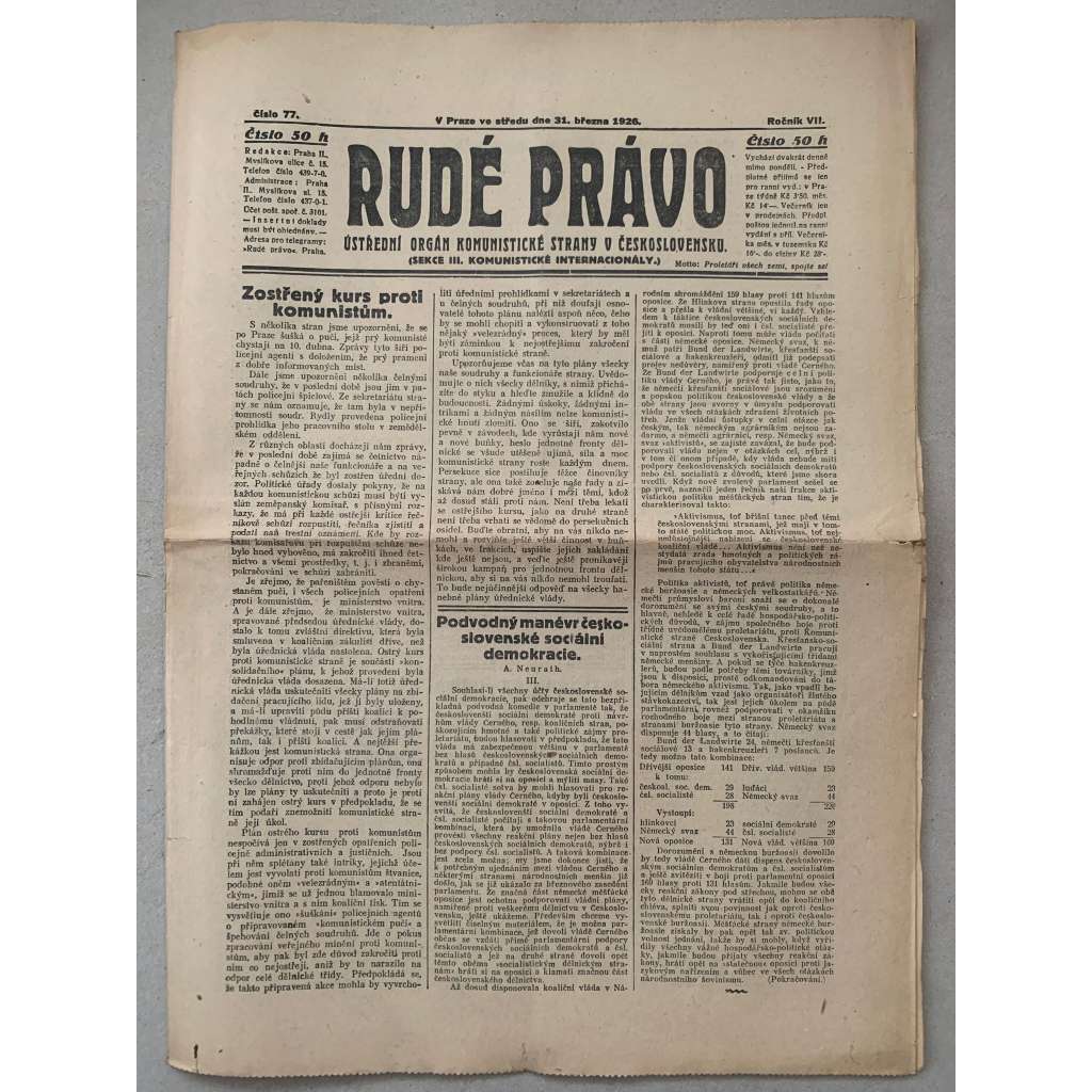 Rudé právo (31.3.1926) - 1. republika, staré noviny