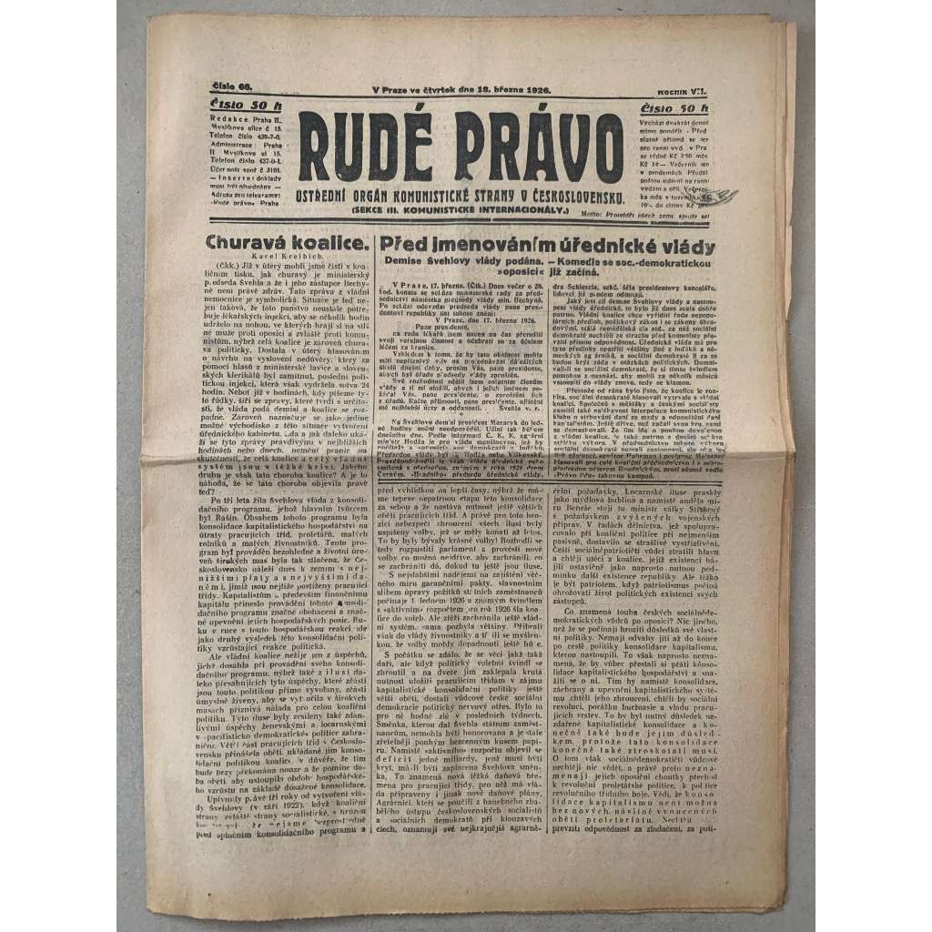 Rudé právo (18.3.1926) - 1. republika, staré noviny