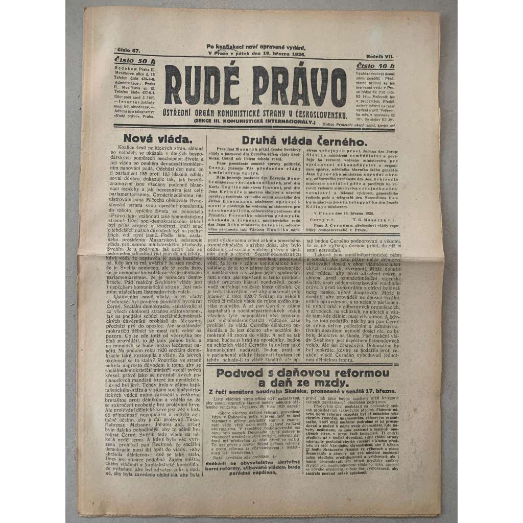 Rudé právo (19.3.1926) - 1. republika, staré noviny