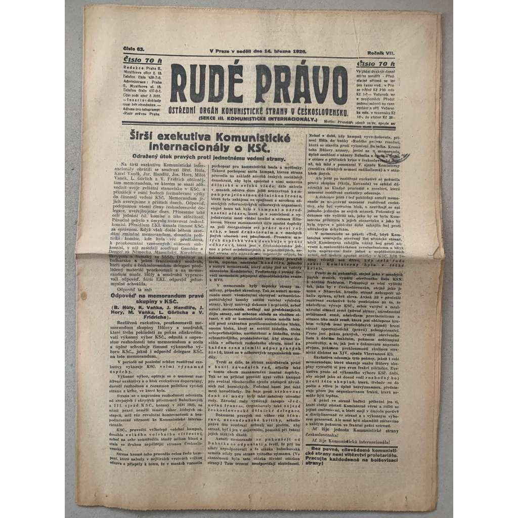 Rudé právo (14.3.1926) - 1. republika, staré noviny