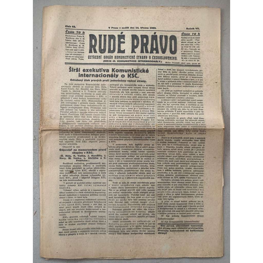 Rudé právo (14.3.1926) - 1. republika, staré noviny