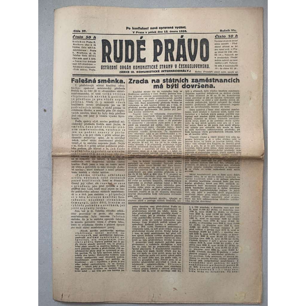 Rudé právo (12.2.1926) - 1. republika, staré noviny
