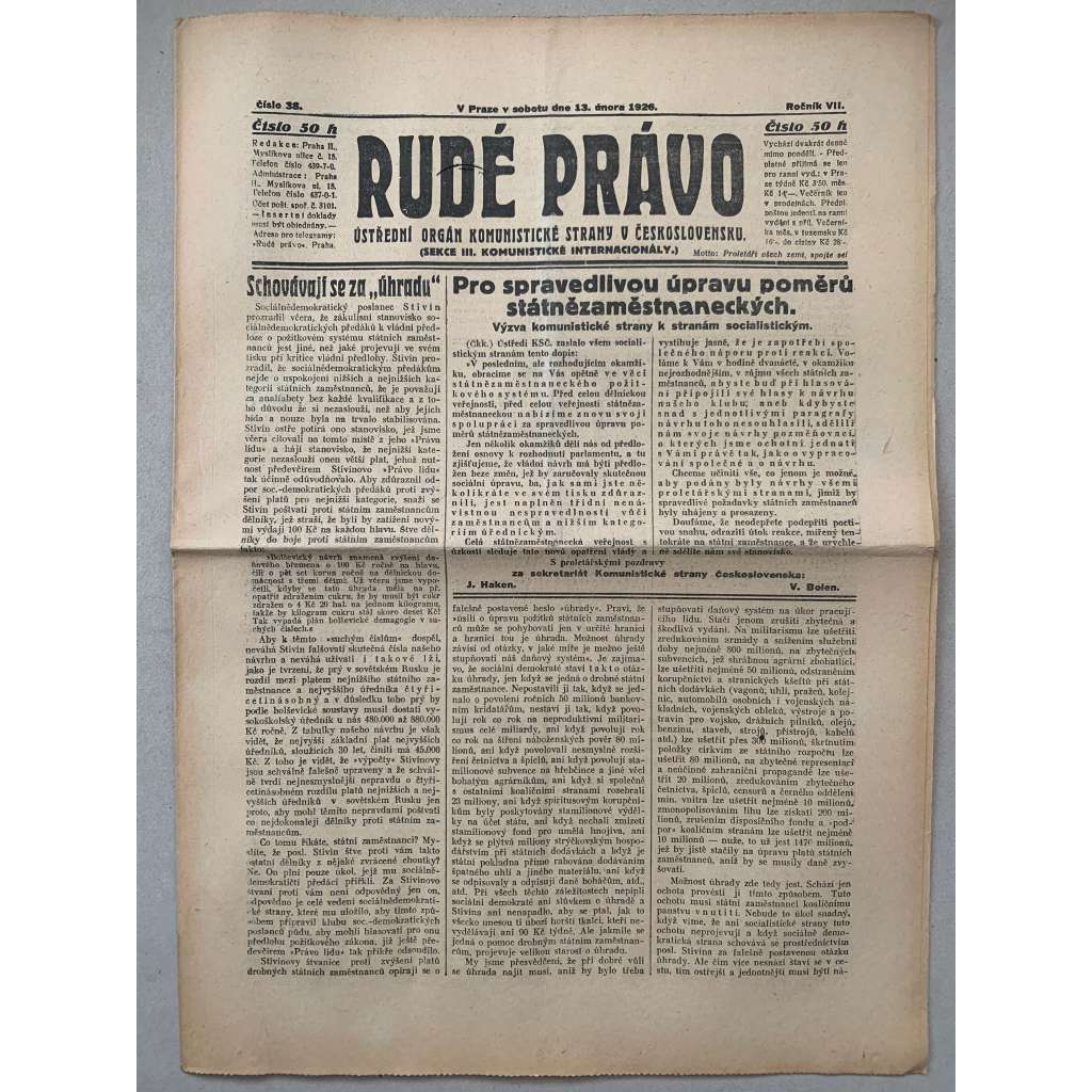 Rudé právo (13.2.1926) - 1. republika, staré noviny