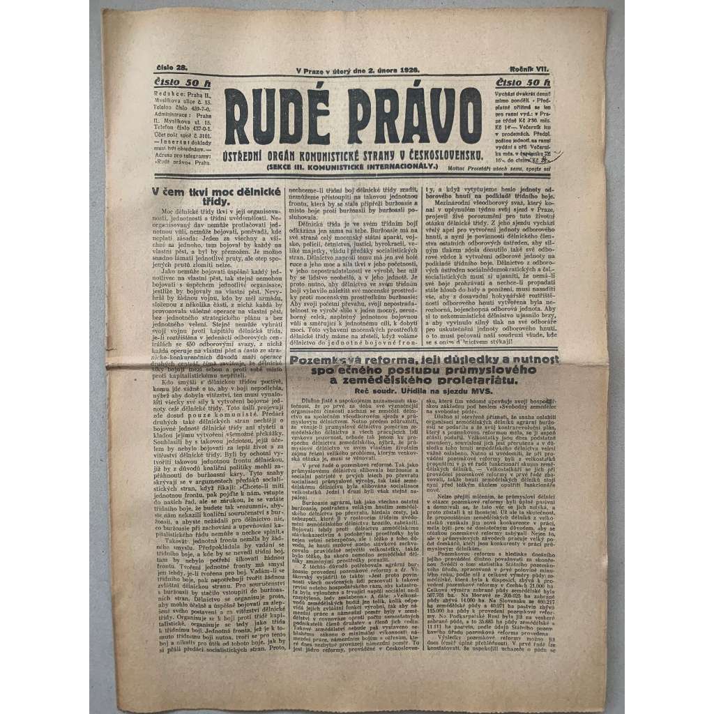Rudé právo (2.2.1926) - 1. republika, staré noviny