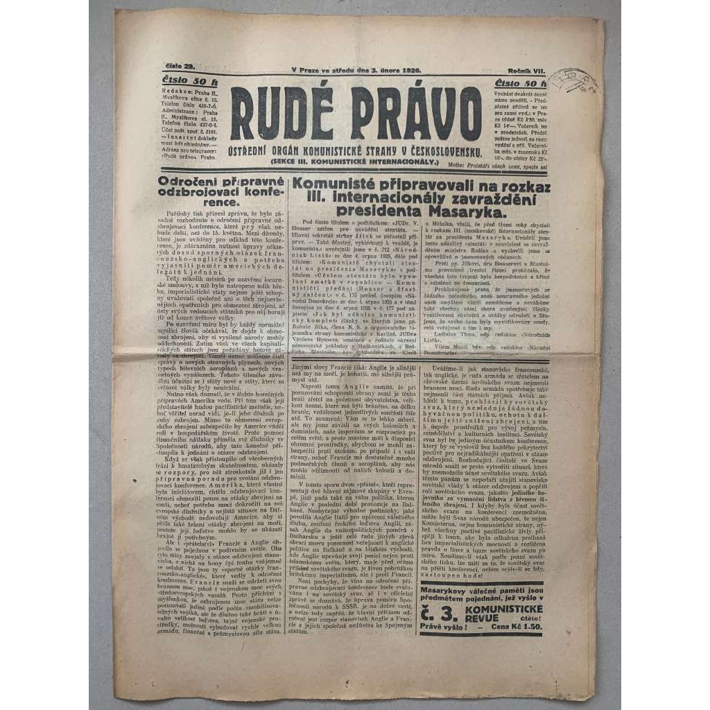 Rudé právo (3.2.1926) - 1. republika, staré noviny