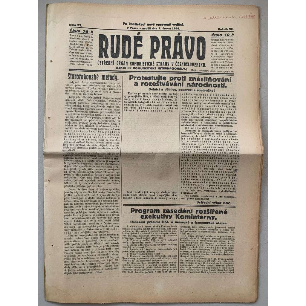 Rudé právo (7.2.1926) - 1. republika, staré noviny