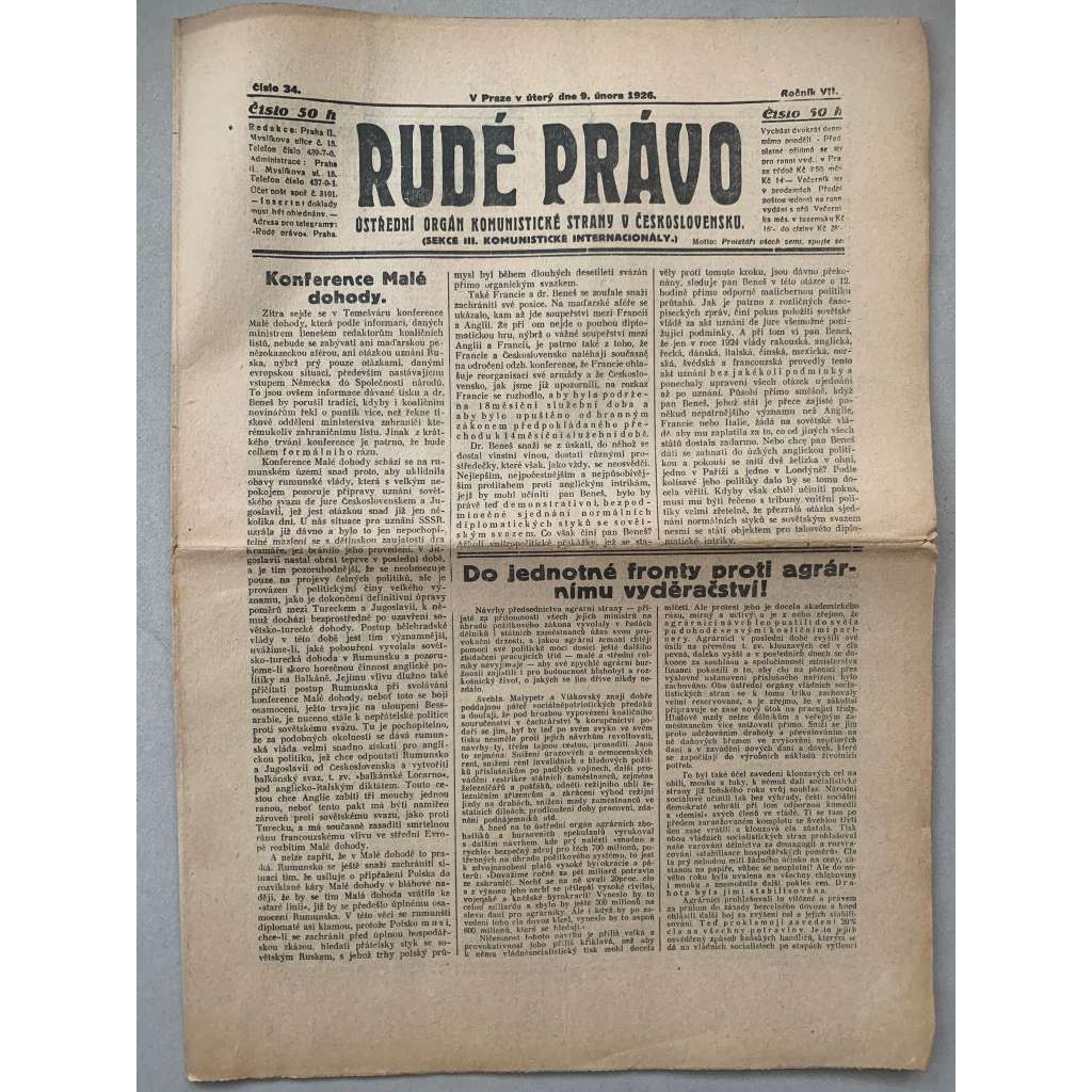 Rudé právo (9.2.1926) - 1. republika, staré noviny