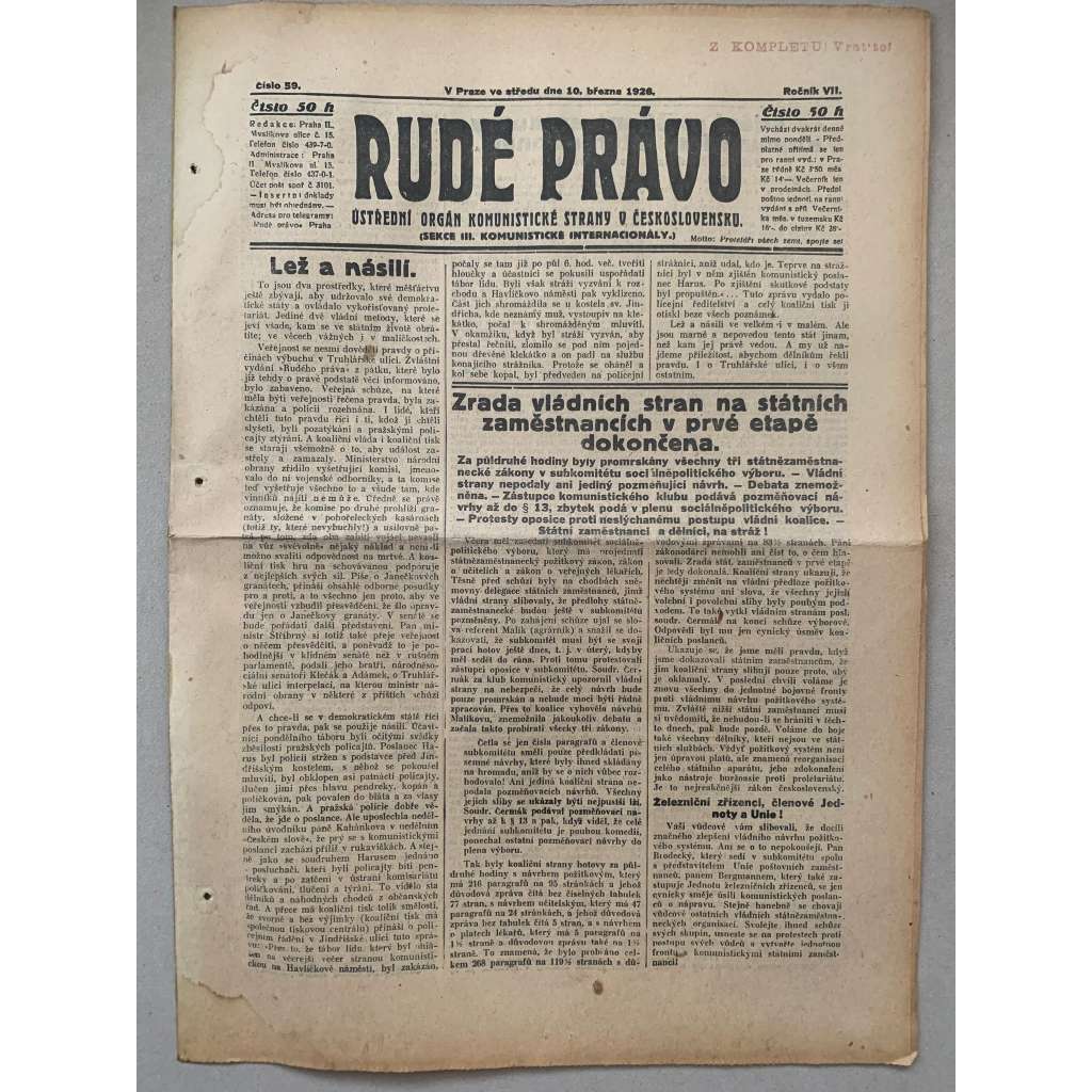 Rudé právo (10.2.1926) - 1. republika, staré noviny