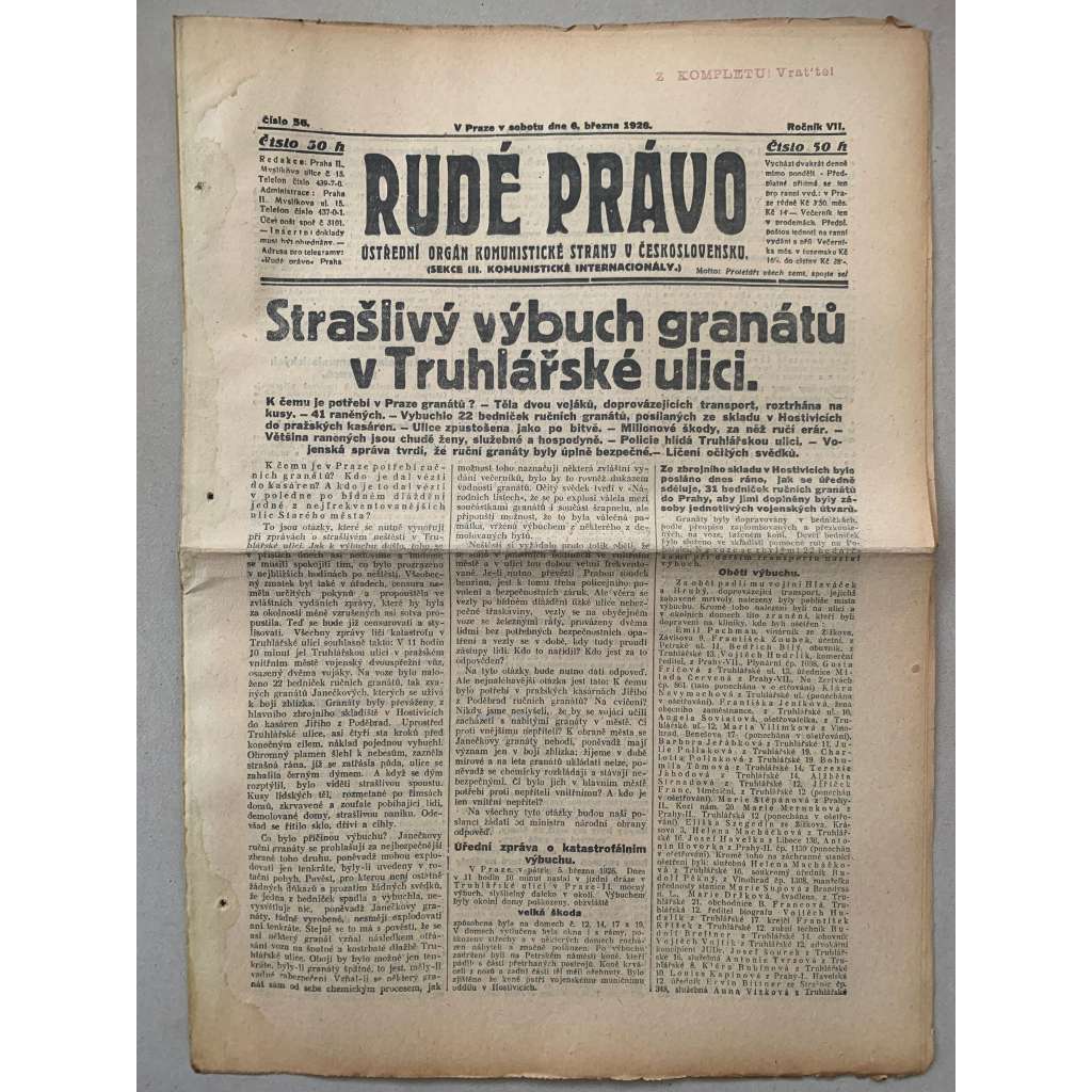 Rudé právo (6.3.1926) - 1. republika, staré noviny