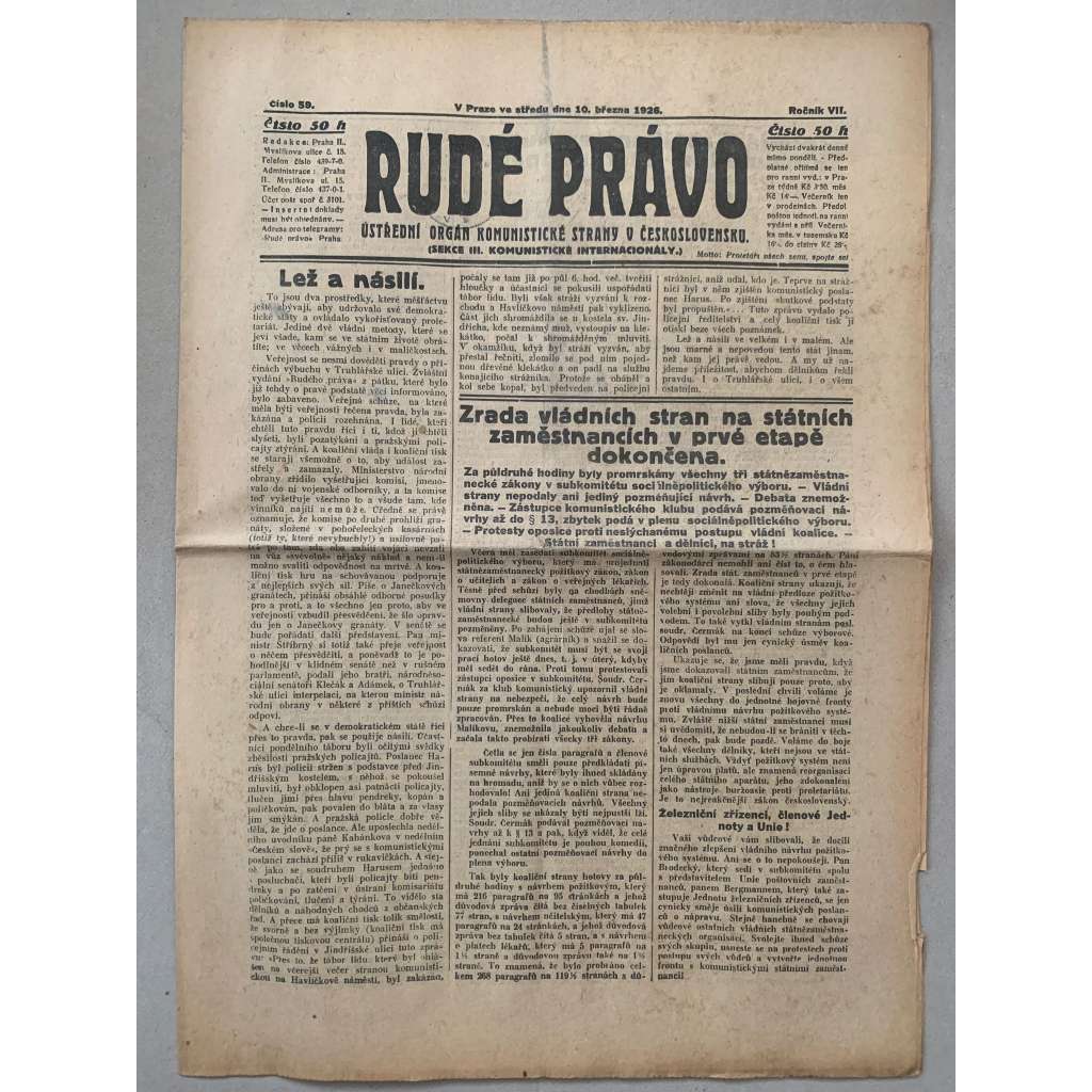 Rudé právo (10.3.1926) - 1. republika, staré noviny
