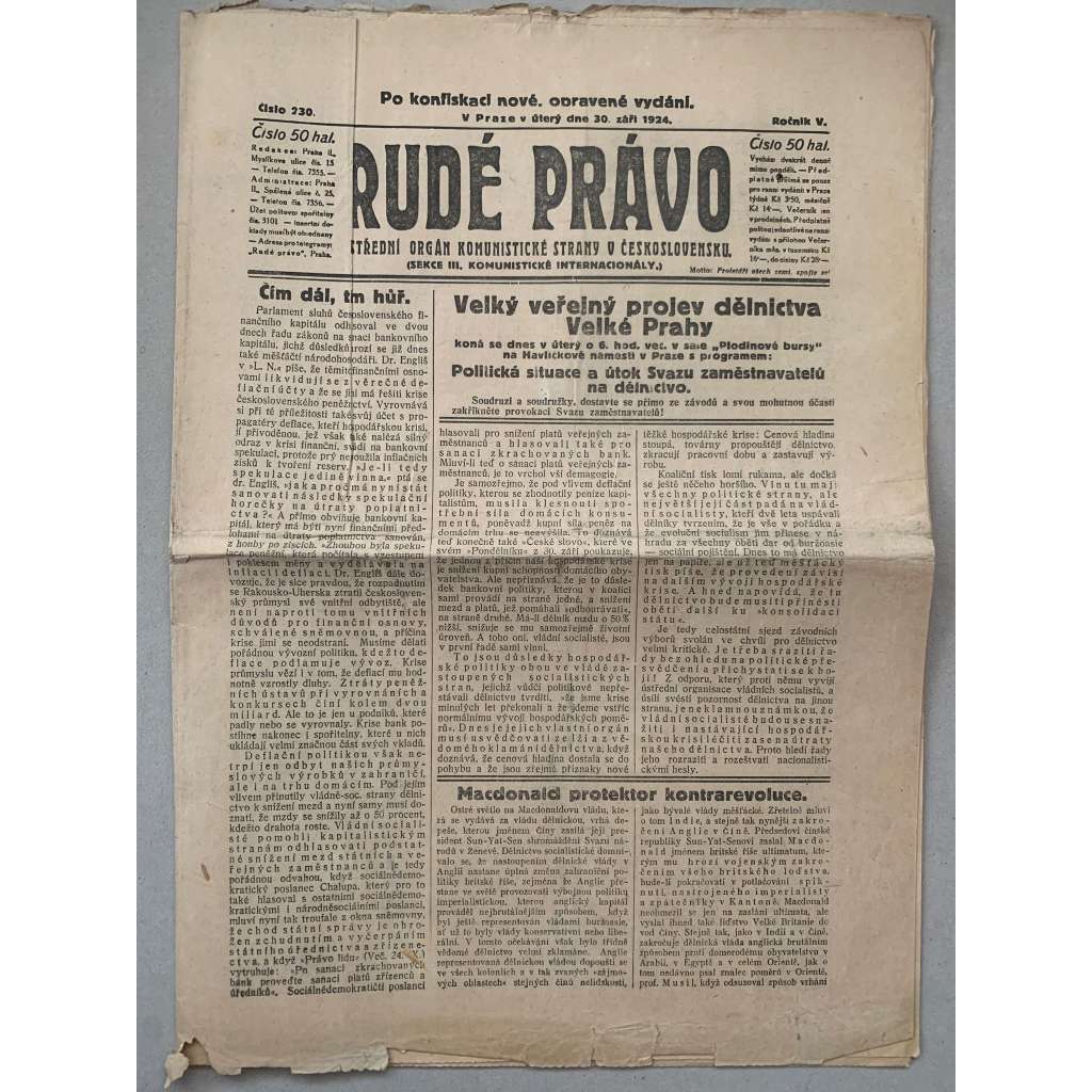 Rudé právo (30.9.1924) - 1. republika, staré noviny