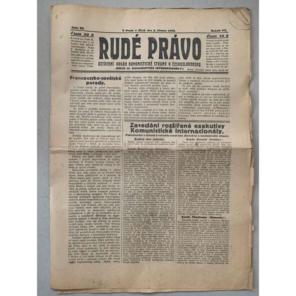Rudé právo (2.3.1926) - 1. republika, staré noviny