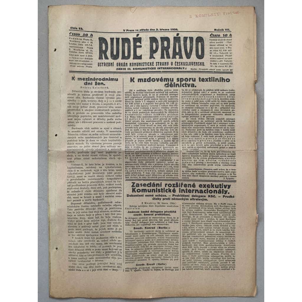 Rudé právo (3.3.1926) - 1. republika, staré noviny