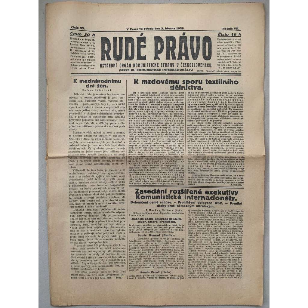 Rudé právo (3.3.1926) - 1. republika, staré noviny