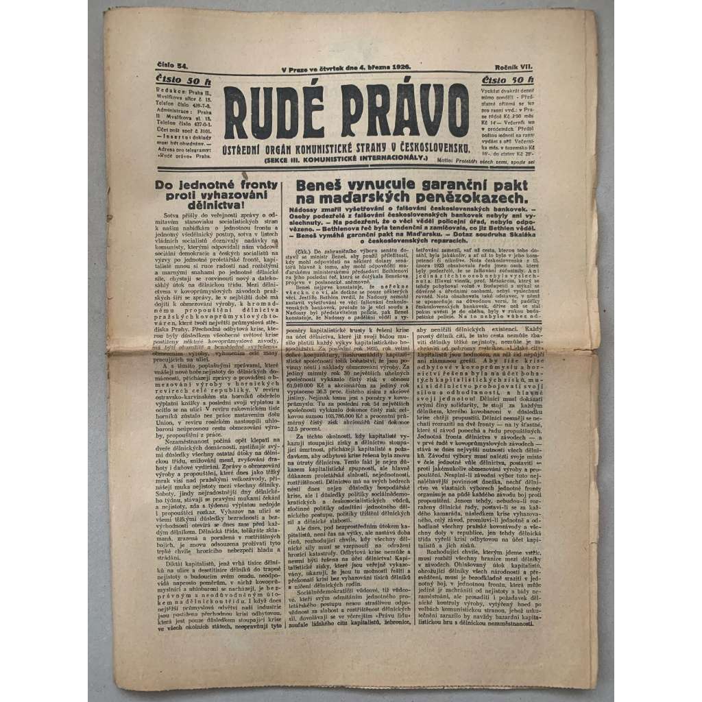 Rudé právo (4.3.1926) - 1. republika, staré noviny