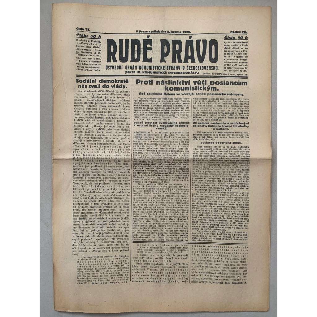 Rudé právo (5.3.1926) - 1. republika, staré noviny