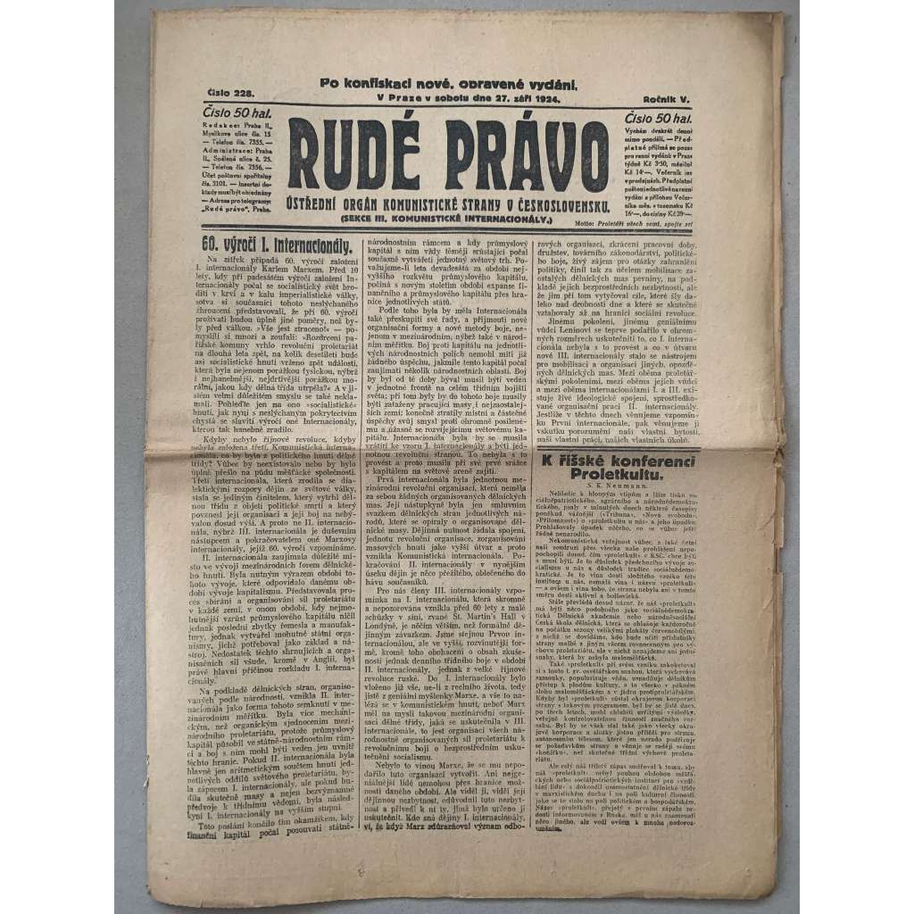 Rudé právo (27.9.1924) - 1. republika, staré noviny