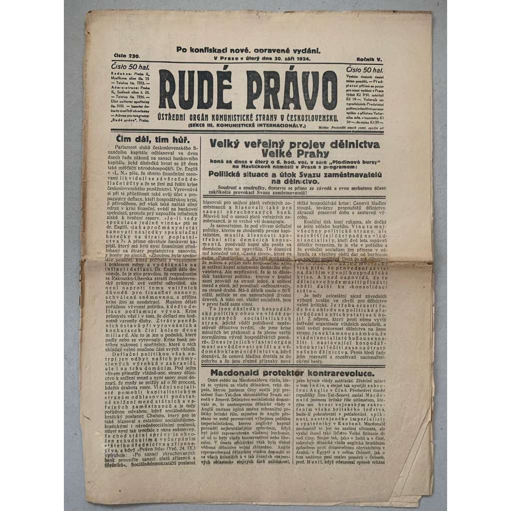 Rudé právo (30.9.1924) - 1. republika, staré noviny