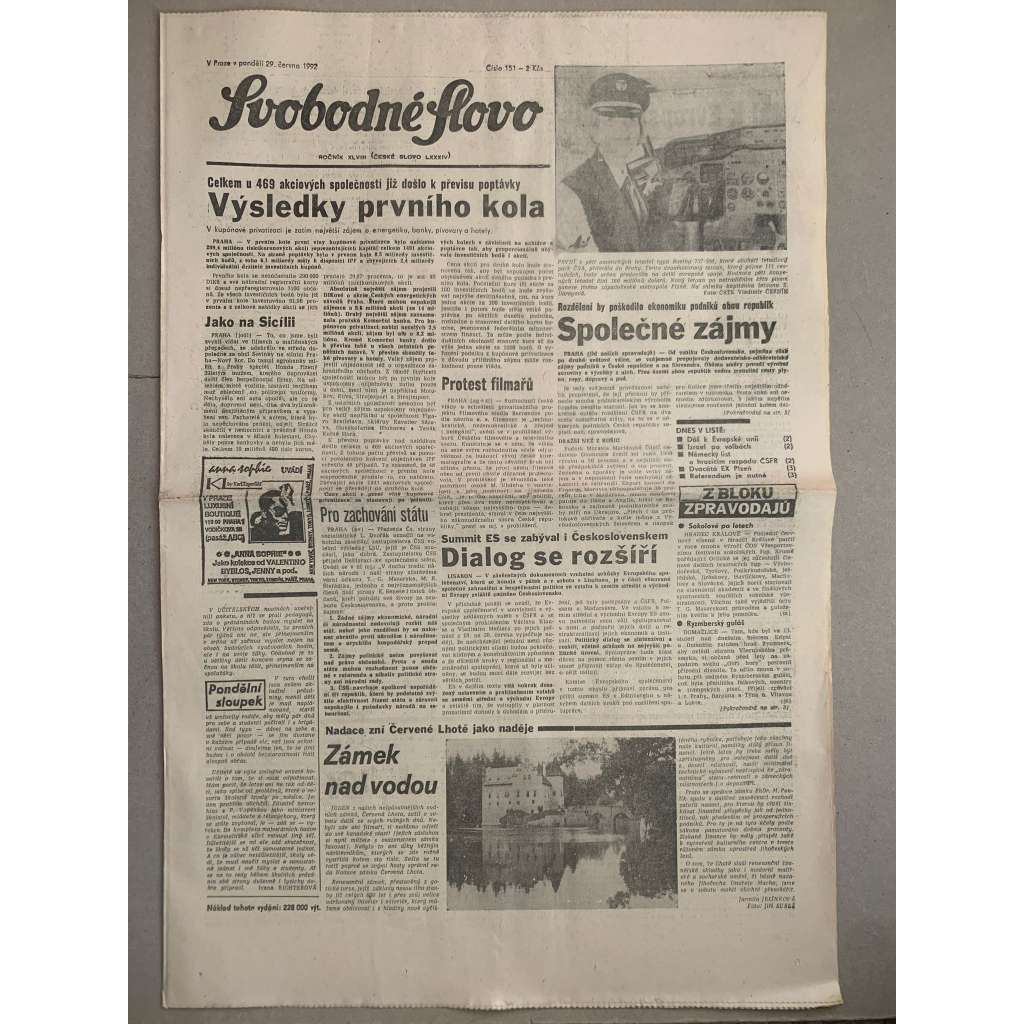 Svobodné slovo (29.6.1992) - staré noviny