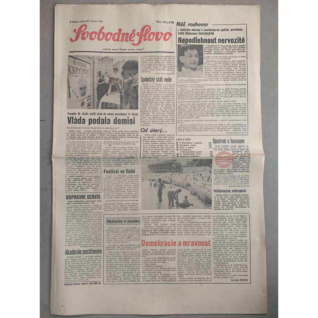 Svobodné slovo (27.6.1992) - staré noviny