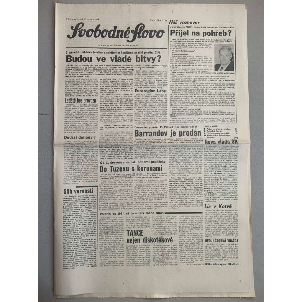 Svobodné slovo (29.6.1992) - staré noviny