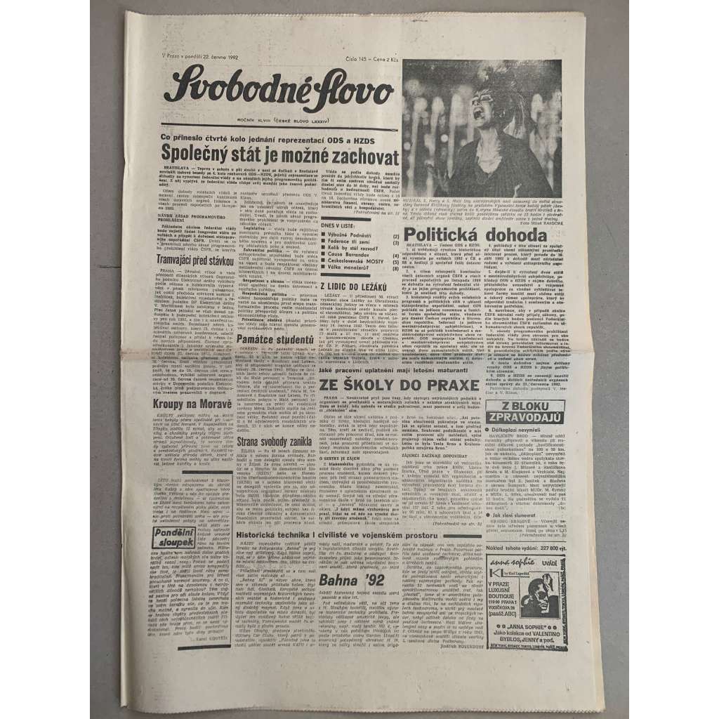 Svobodné slovo (22.6.1992) - staré noviny
