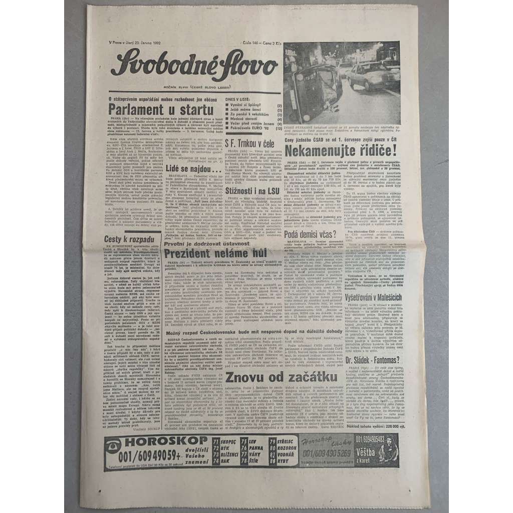 Svobodné slovo (23.6.1992) - staré noviny