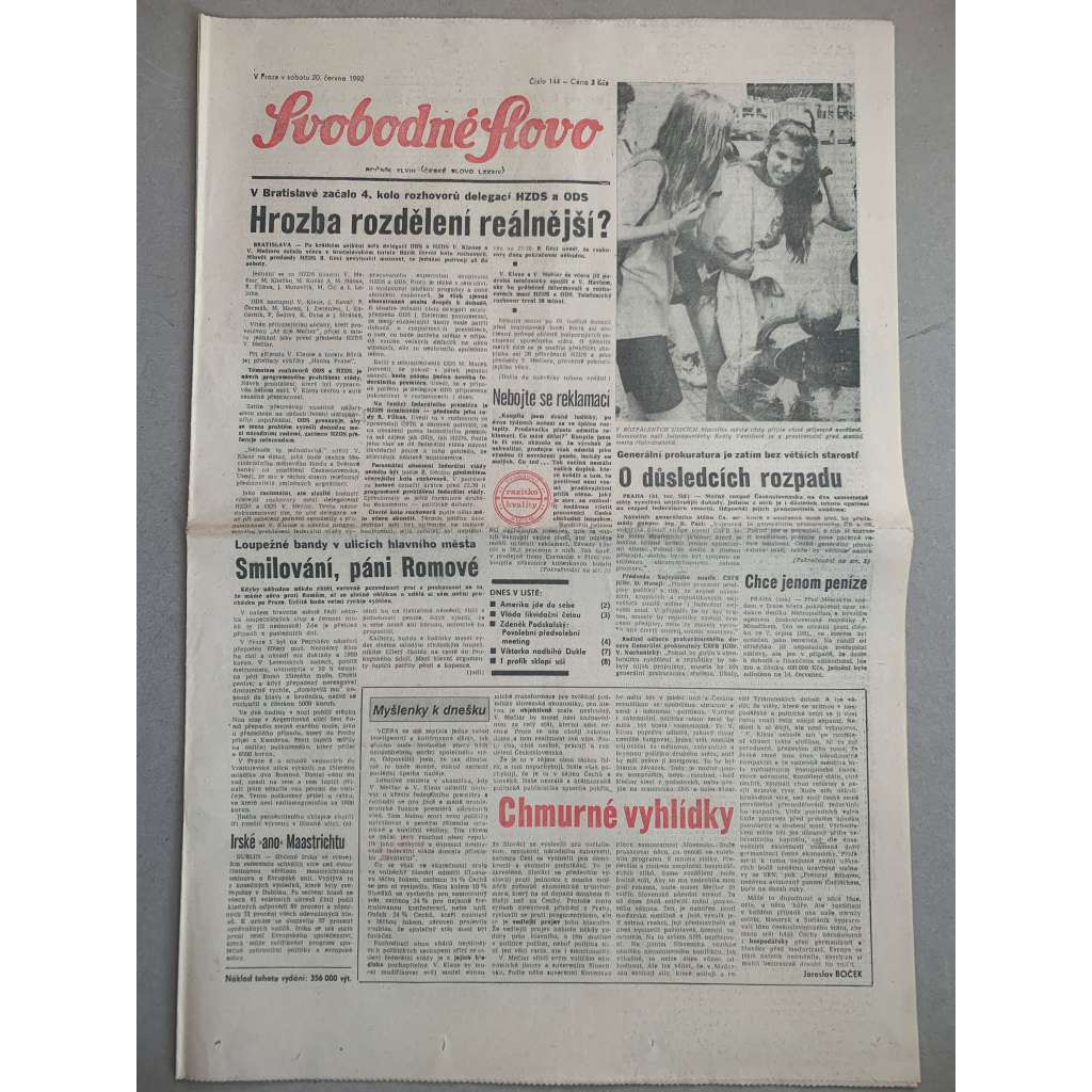 Svobodné slovo (20.6.1992) - staré noviny