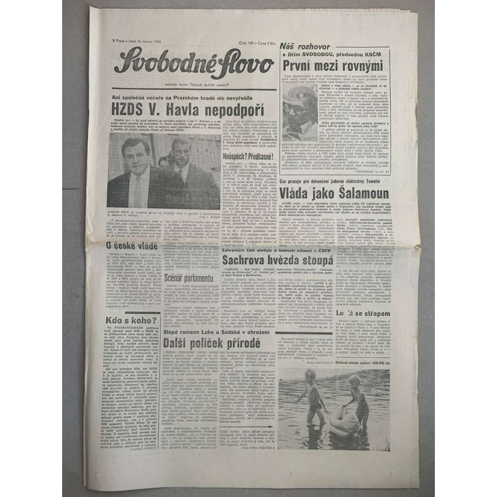 Svobodné slovo (16.6.1992) - staré noviny