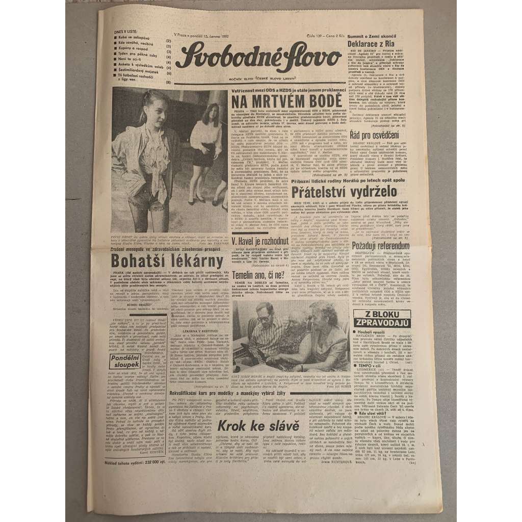 Svobodné slovo (15.6.1992) - staré noviny