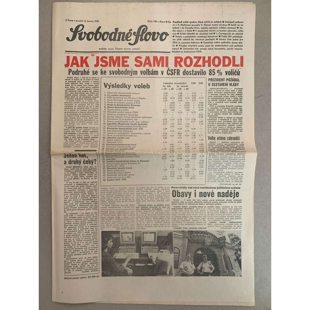 Svobodné slovo (8.6.1992) - staré noviny