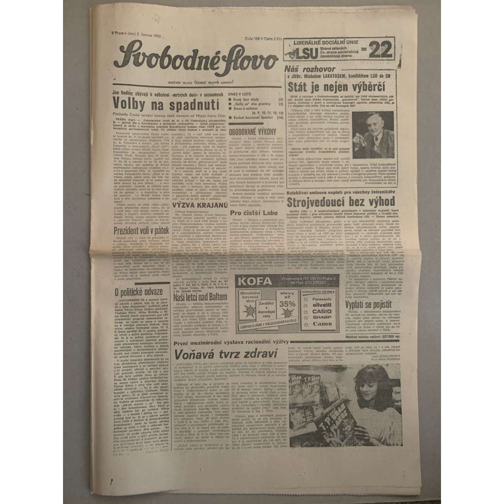 Svobodné slovo (2.6.1992) - staré noviny