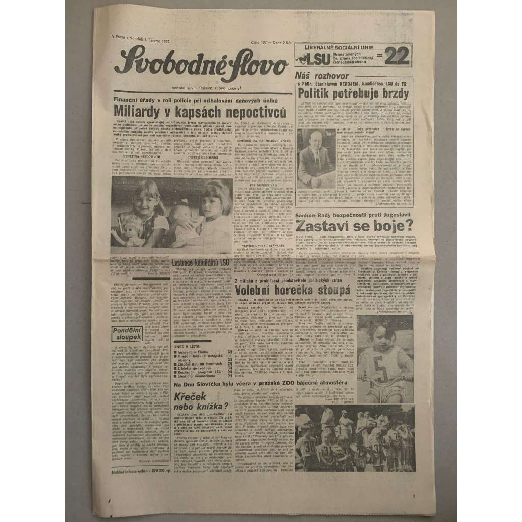 Svobodné slovo (1.6.1992) - staré noviny