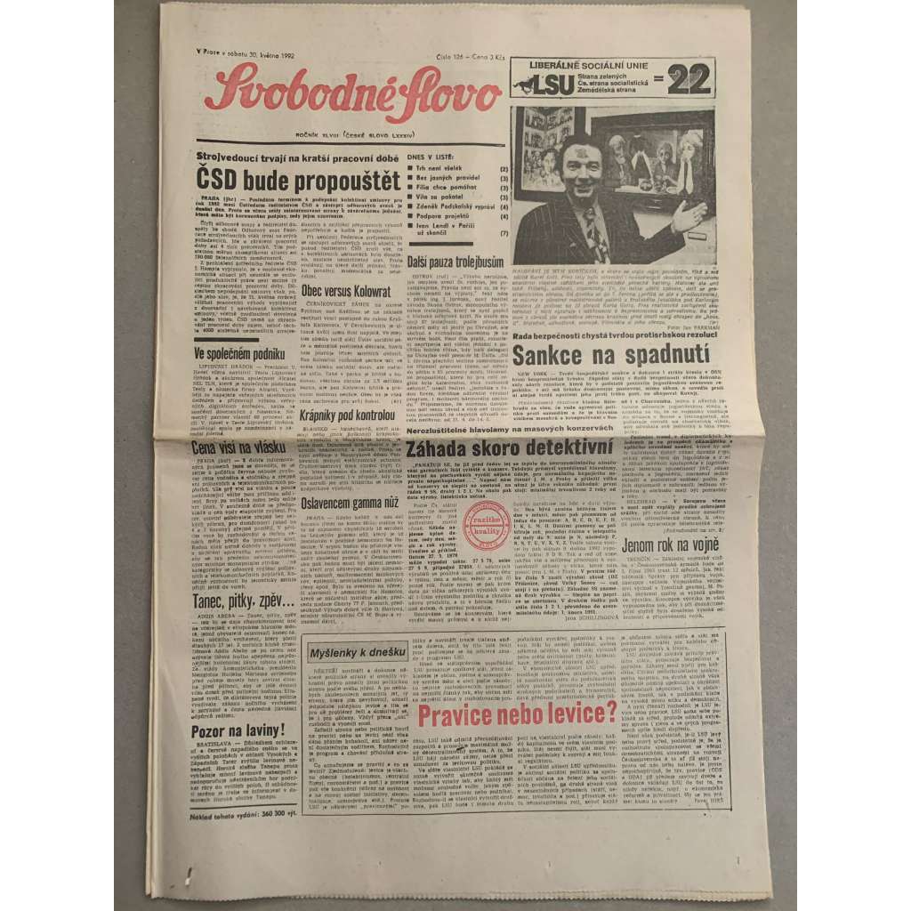 Svobodné slovo (30.5.1992) - staré noviny