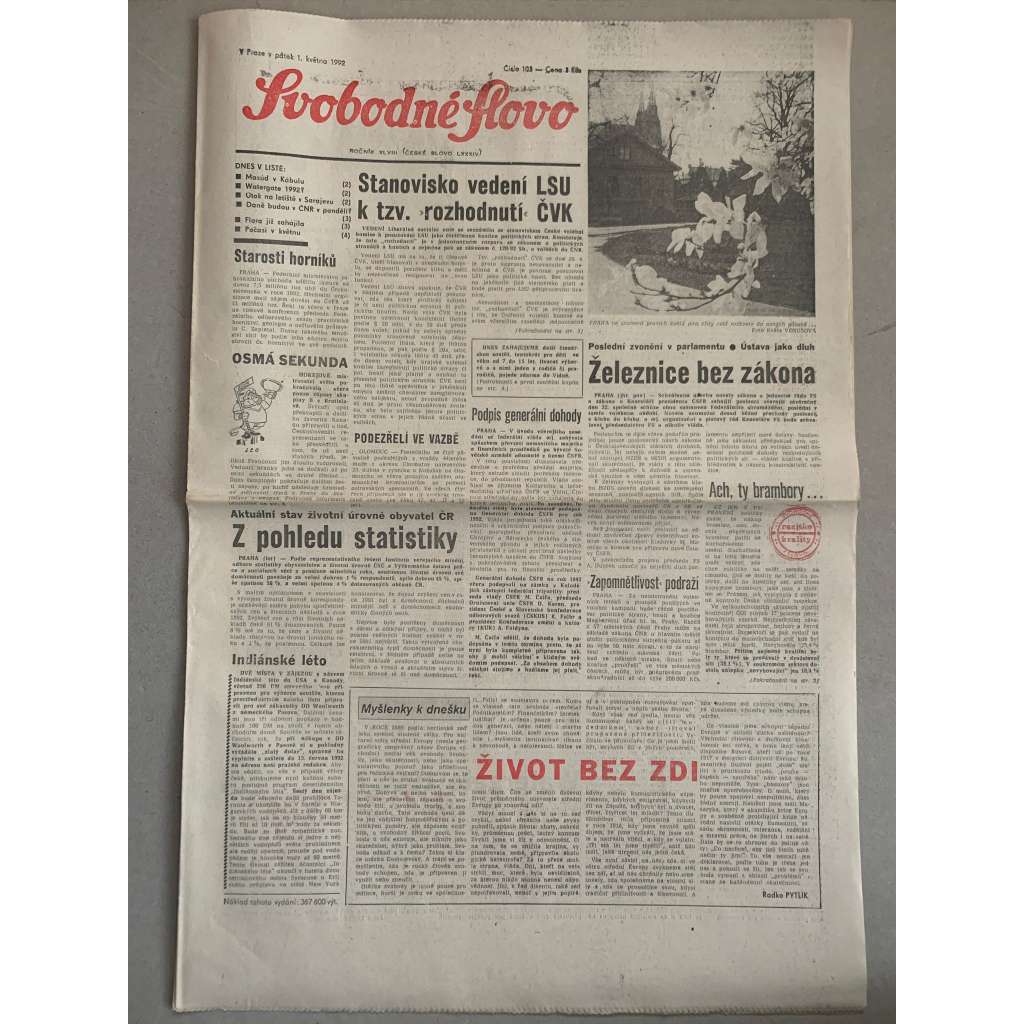 Svobodné slovo (1.5.1992) - staré noviny
