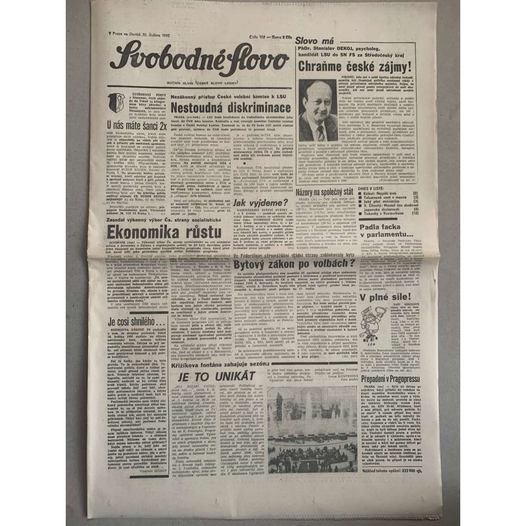 Svobodné slovo (30.4.1992) - staré noviny