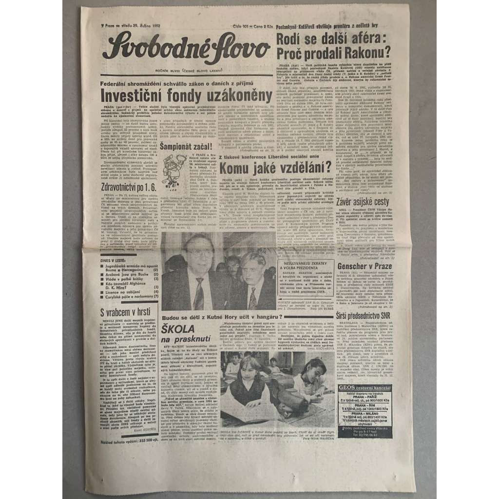 Svobodné slovo (29.4.1992) - staré noviny