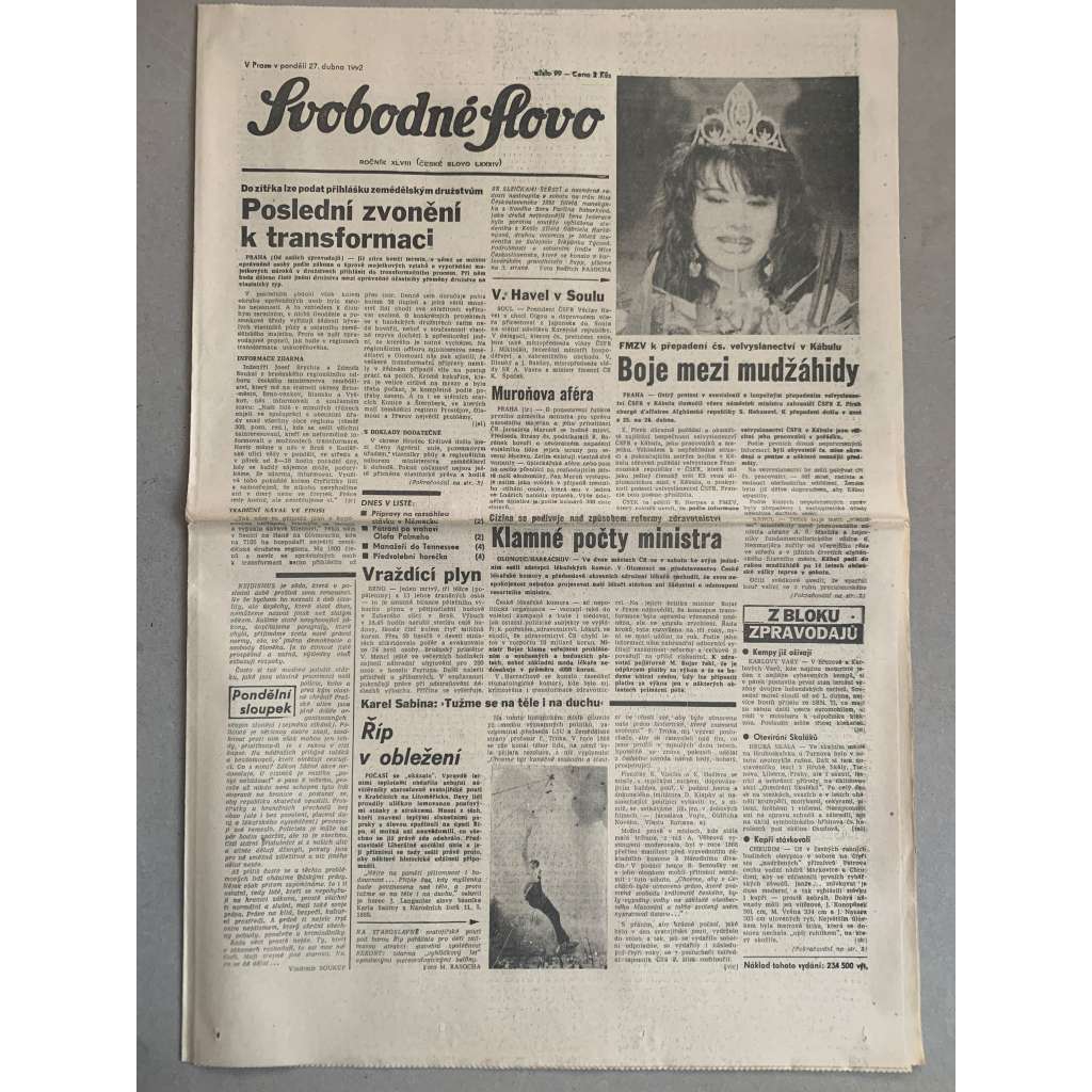 Svobodné slovo (27.4.1992) - staré noviny