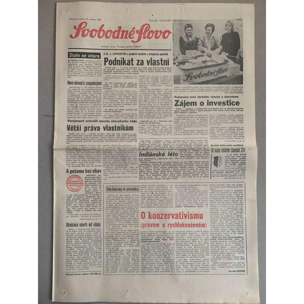 Svobodné slovo (25.4.1992) - staré noviny