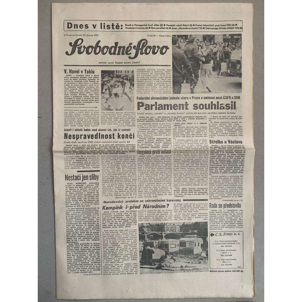 Svobodné slovo (23.4.1992) - staré noviny
