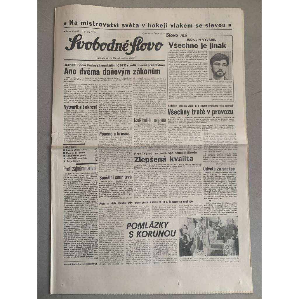 Svobodné slovo (17.4.1992) - staré noviny