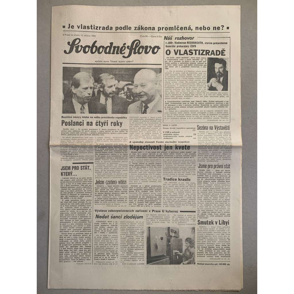Svobodné slovo (15.4.1992) - staré noviny