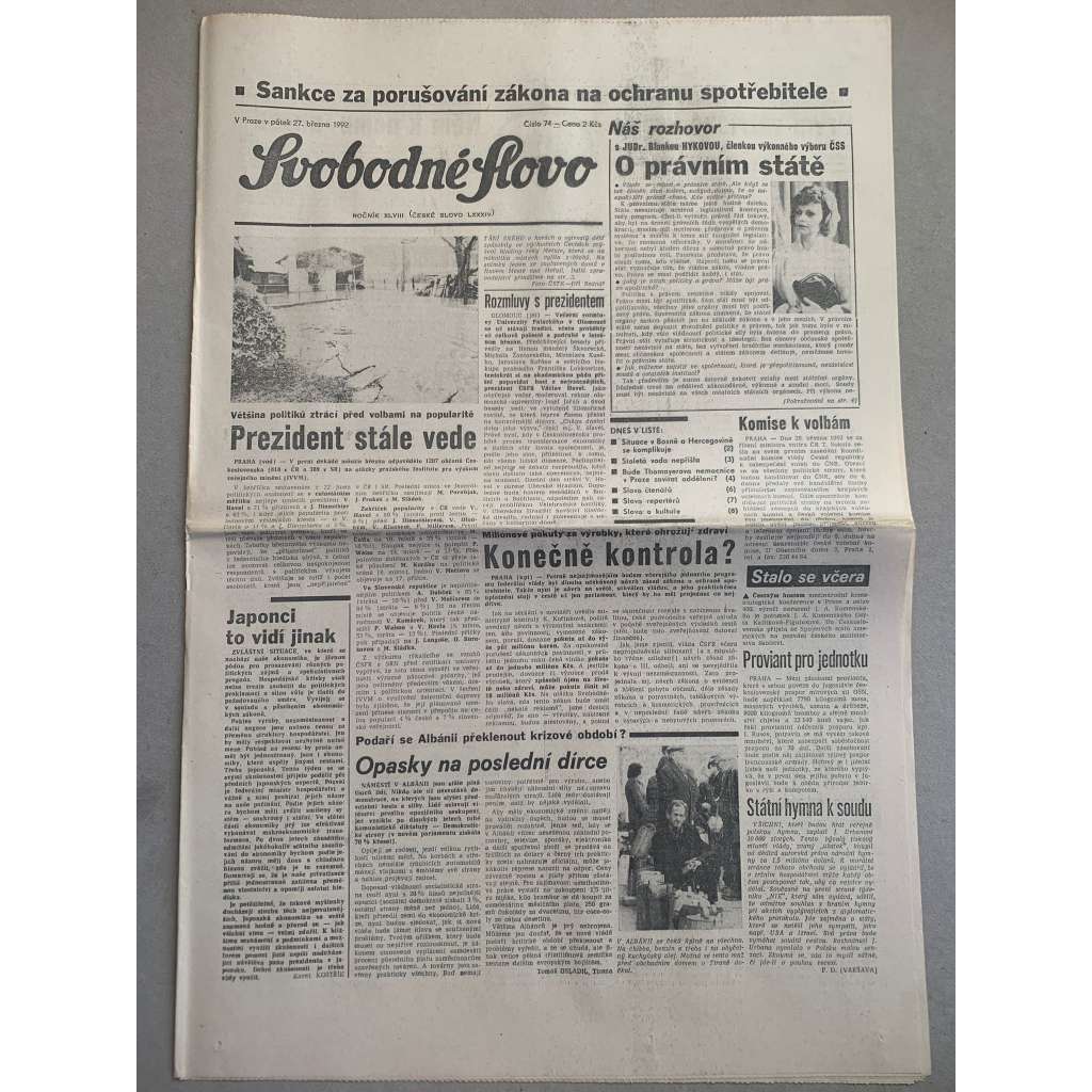Svobodné slovo (27.3.1992) - staré noviny