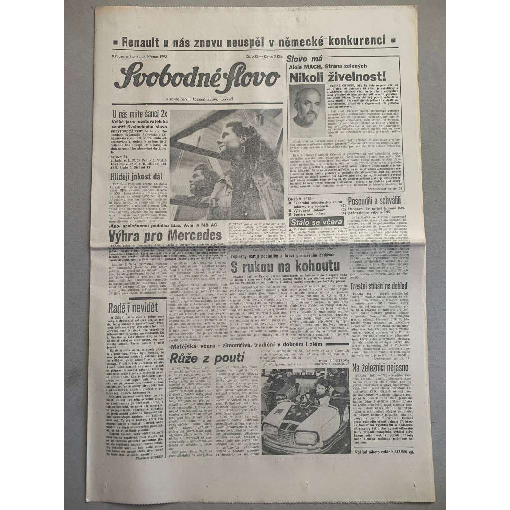 Svobodné slovo (26.3.1992) - staré noviny