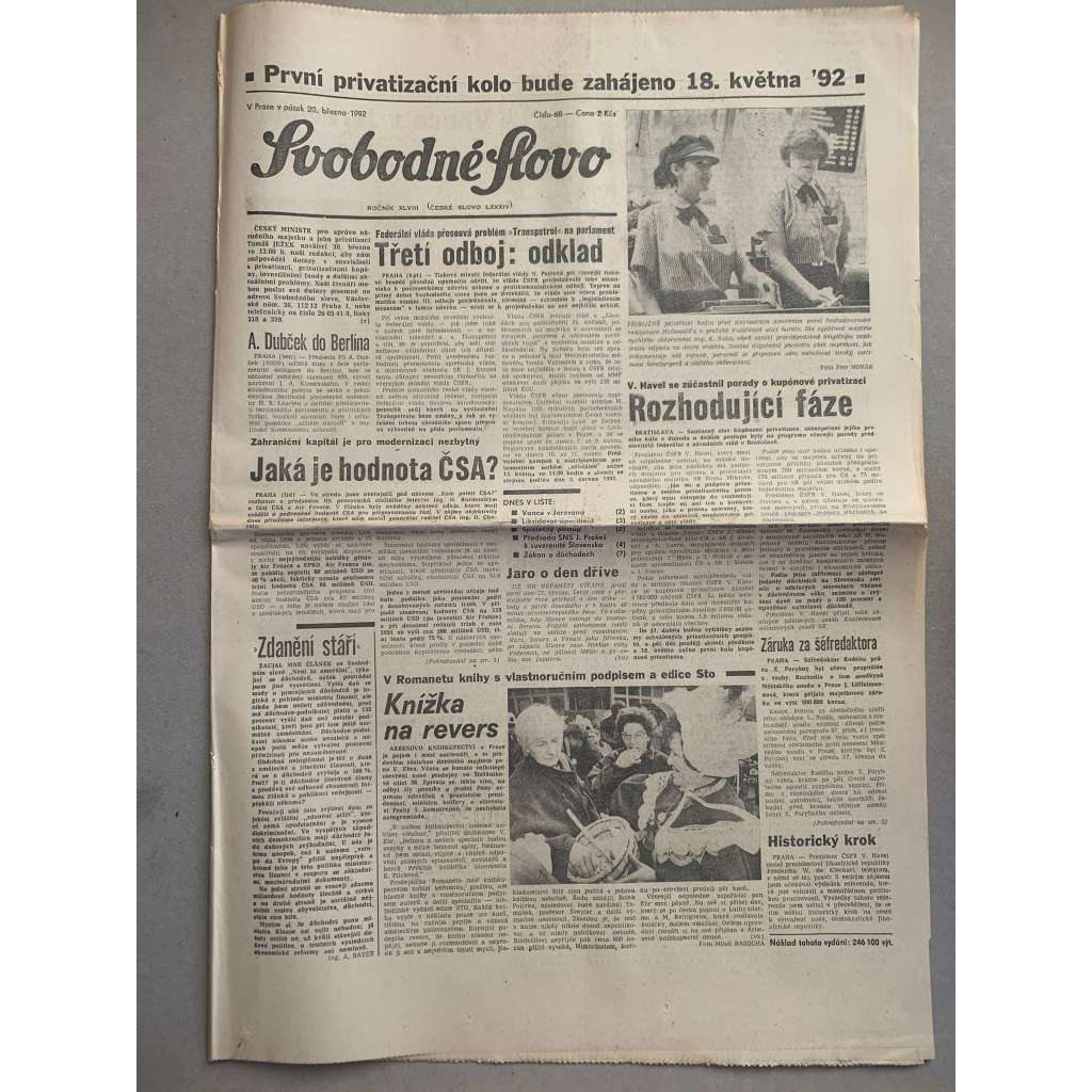 Svobodné slovo (20.3.1992) - staré noviny