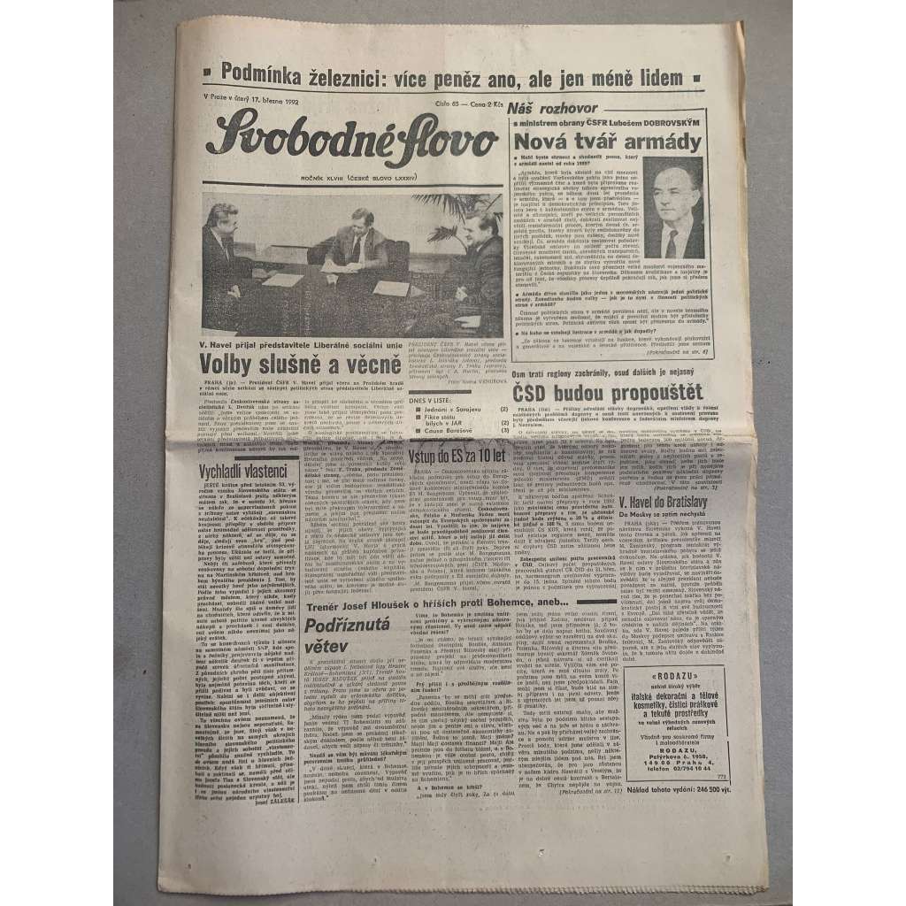 Svobodné slovo (17.3.1992) - staré noviny